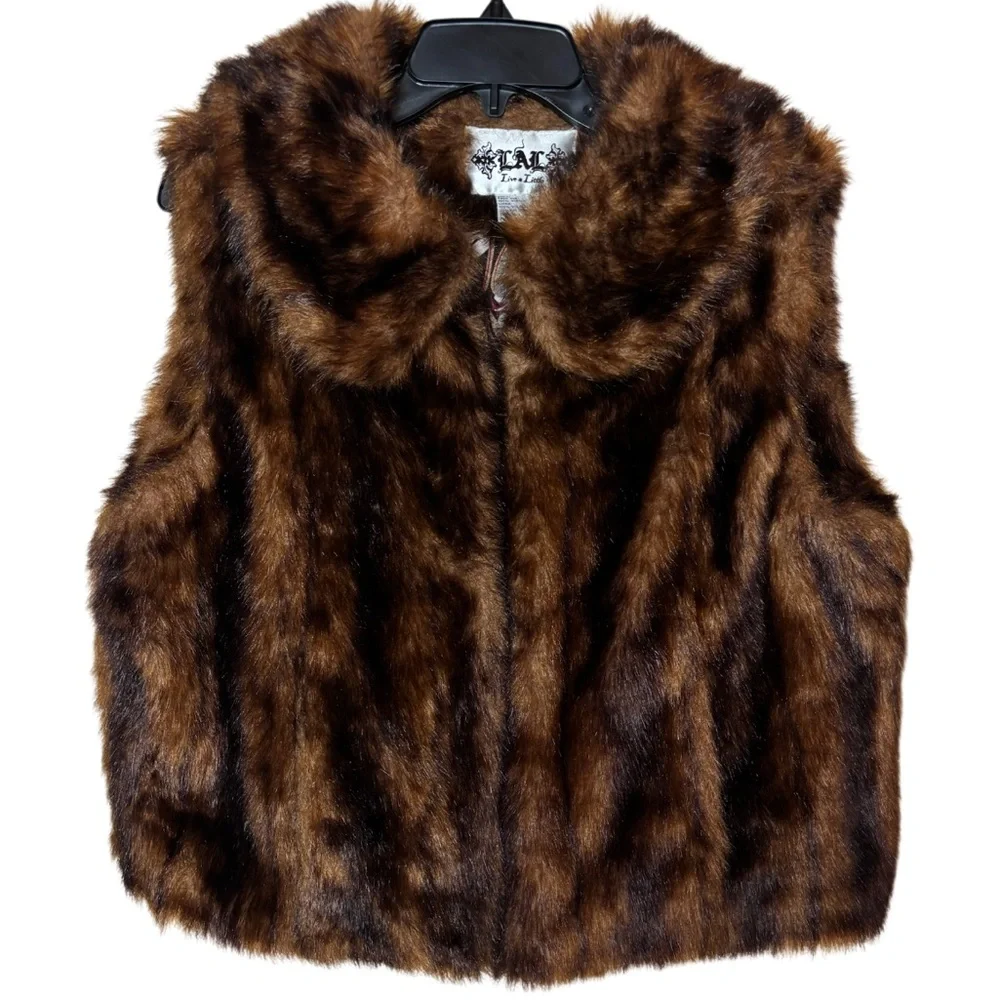 Vintage Fur Vest Luxury Faux Fur 1990s 2000s Y2K Brown Gold Black Size XLarge